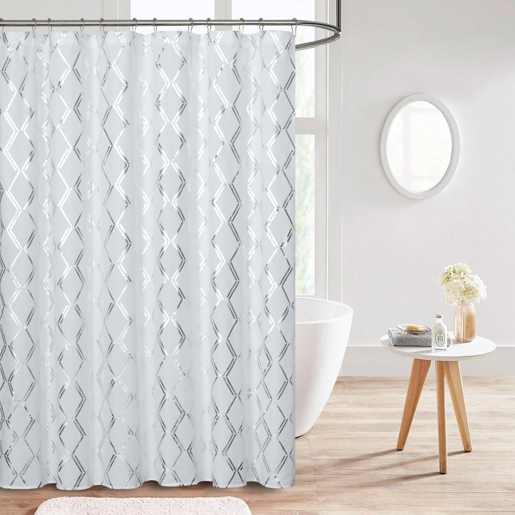 HIG Shower Curtain with Foil Geometric Diamond Print Pattern, Decorative Bling Fabric Shower Curtains for Bathroom, Elegant Stylish Microfiber Bath Curtain, 72 x 72 In