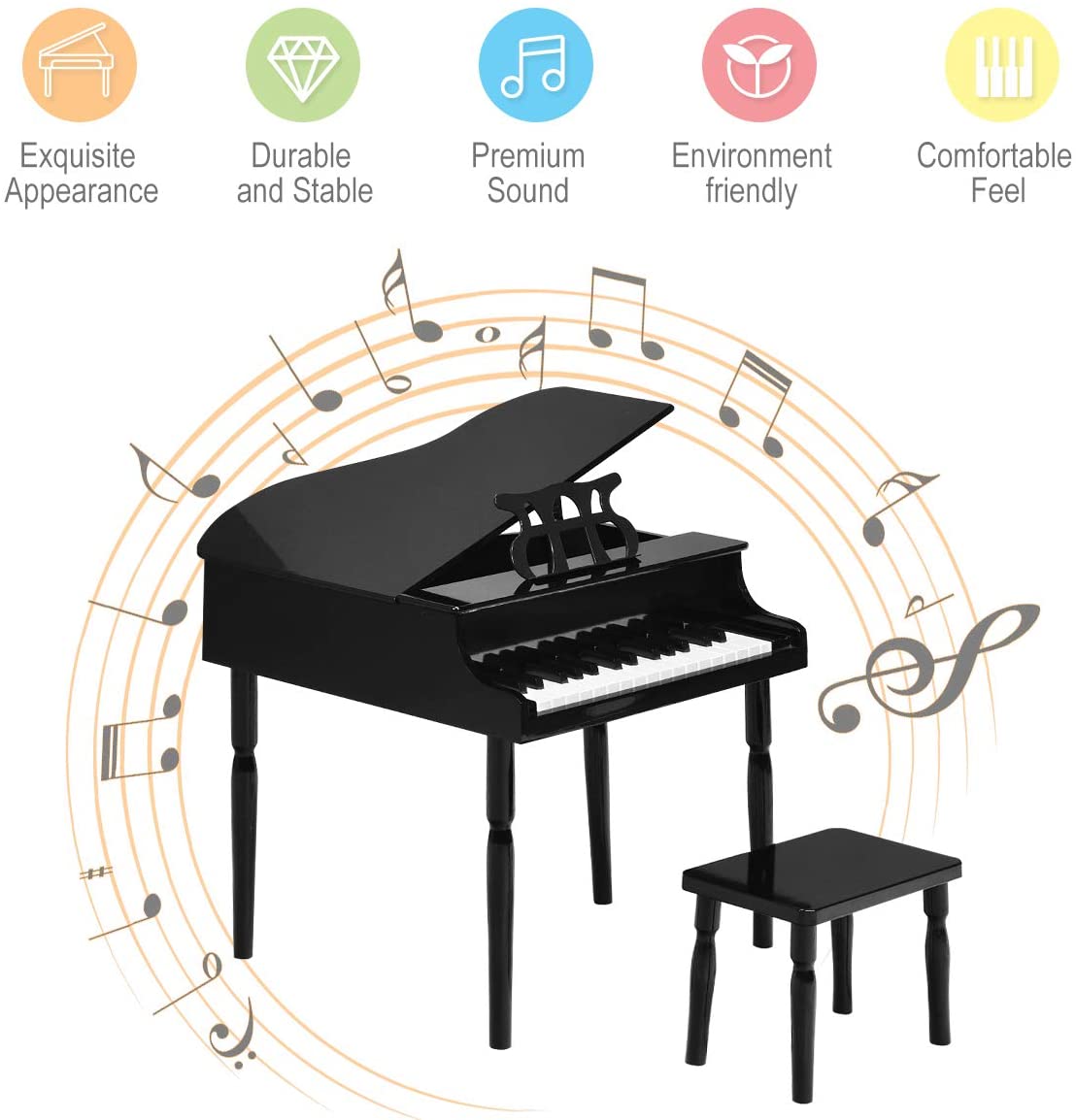 Costzon Classical Kids Piano, 30 Keys Wood Toy Grand Piano with Music Stand and Bench