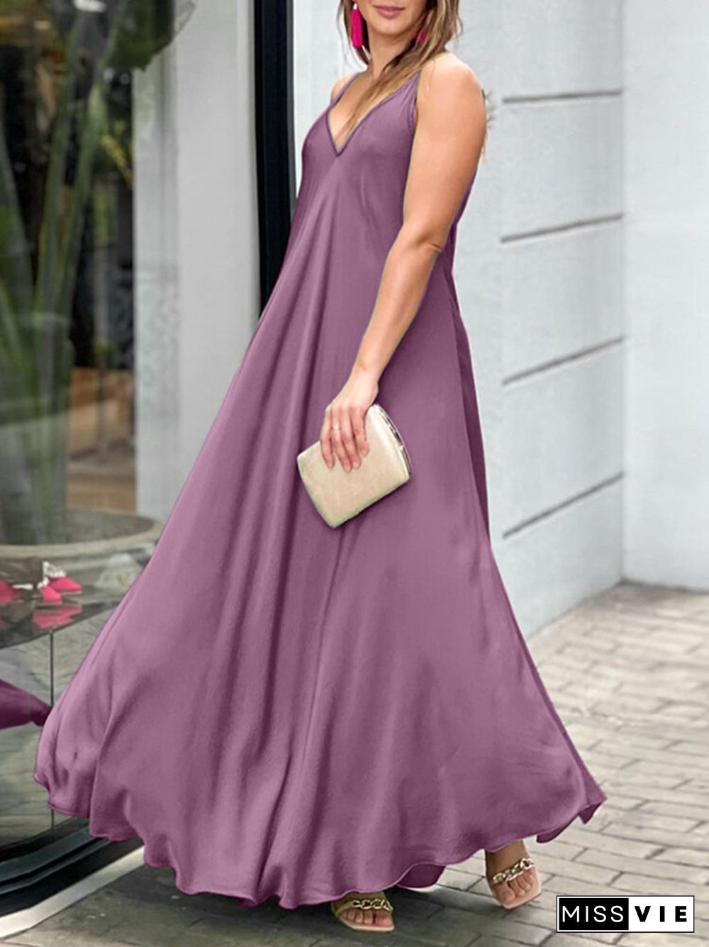 Adjustable Strap Solid Satin Swing Maxi Cami Dress