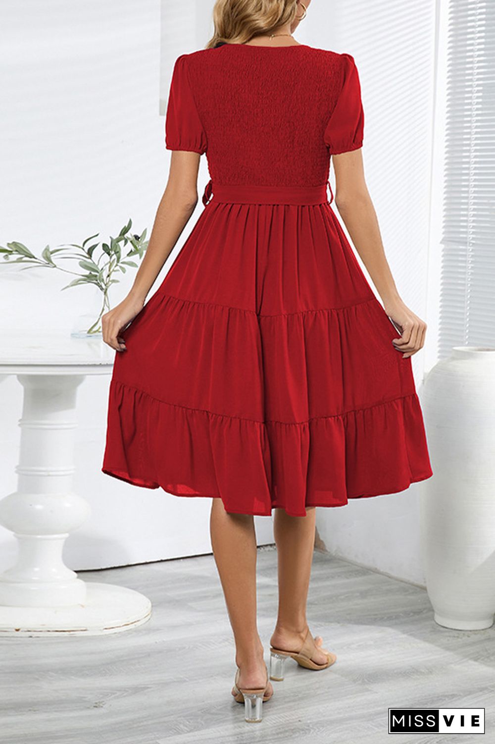 Plain V Neck Smocked Puff Tiered Midi Dress