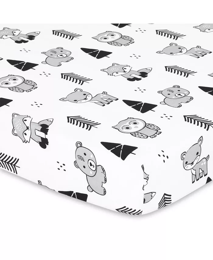 The Peanutshell Pack n Play， Mini Crib， Portable Crib or Fitted Playard Sheets for Baby Boy or Girl， 3 Pack Set， Gray， Black and White Woodland