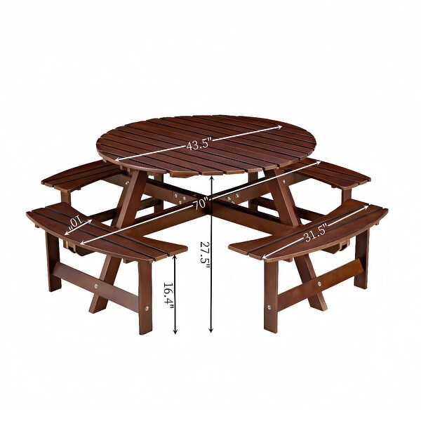 Outdoor Round Picnic Table with 4 Builtin Benches and Umbrella Hole