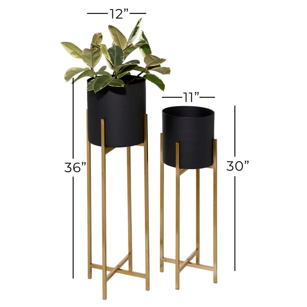 Litton Lane 36in. Extra Large Black Metal Indoor Outdoor Planter with Removable Gold Stand (2- Pack) 51971