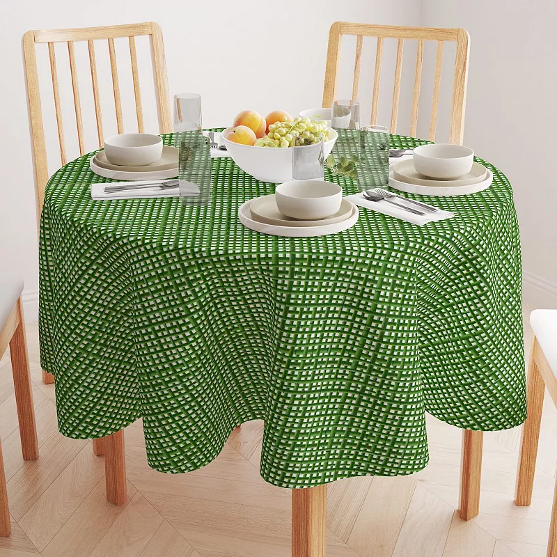 Round Tablecloth， 100% Polyester， 90 Round， Bam boo Green Grid Fence