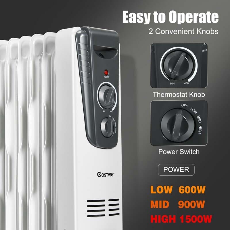 1500W Portable Oil Filled Space Heater Adjustable Temperature Radiator