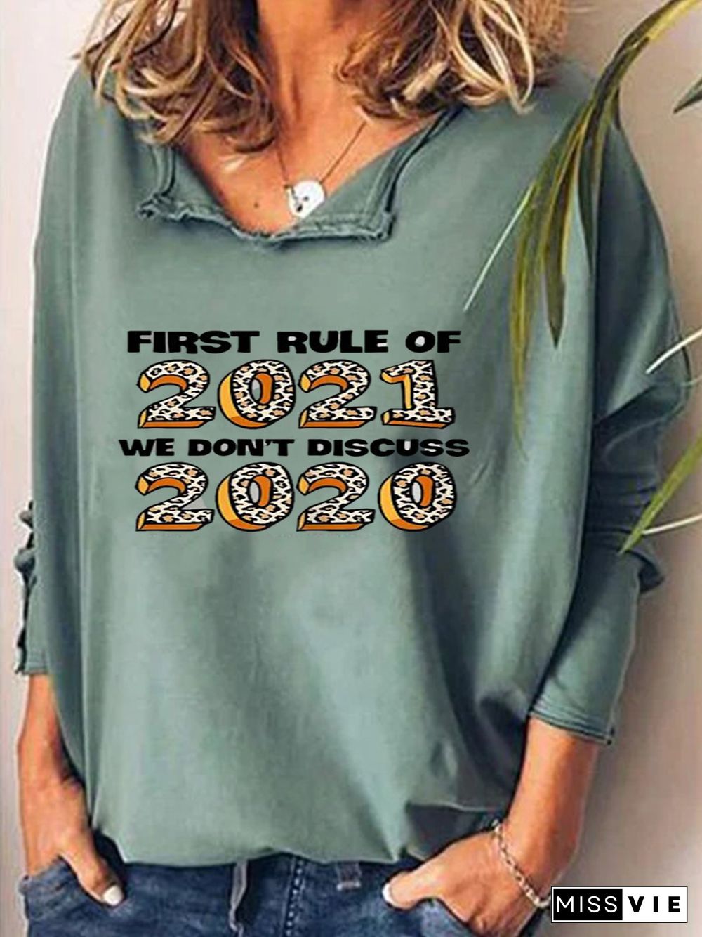 Green Casual Letter Printed Long Sleeve Shift Tops