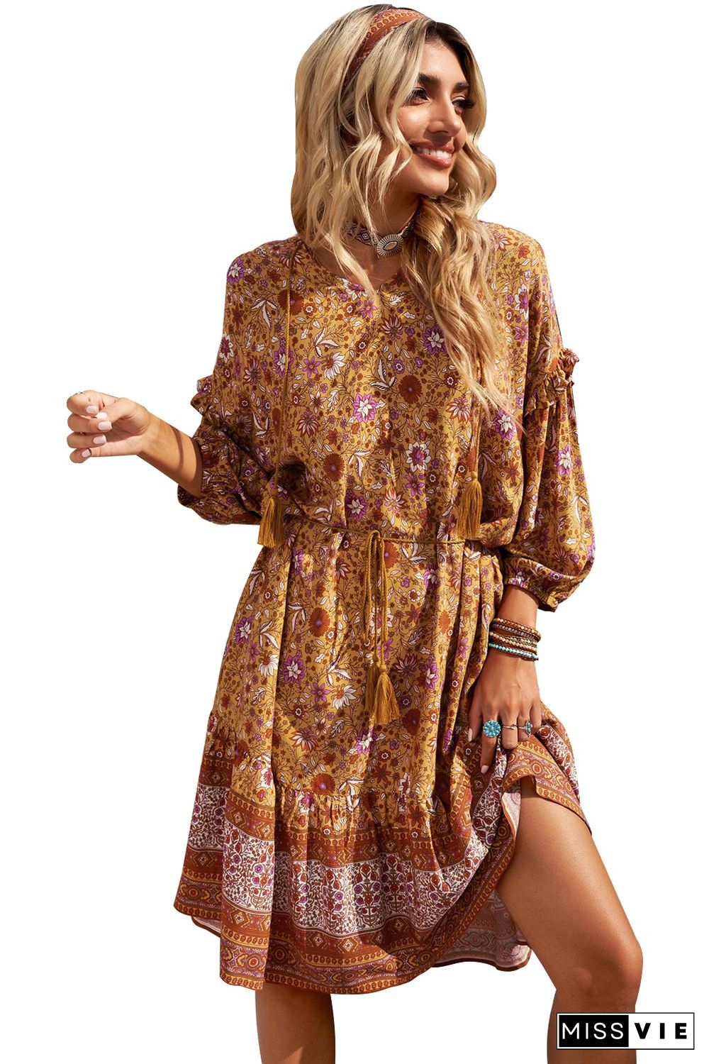 Orange Boho Floral Print Bishop Sleeve Mini Dress