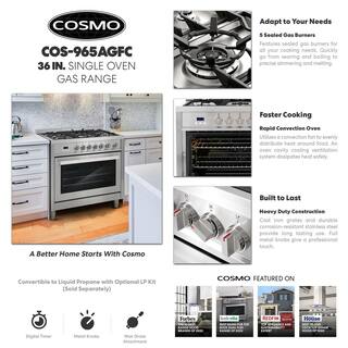 Cosmo 36 in. 3.8 cu. ft. Single Oven Gas Range with 5 Burner Cooktop and Heavy Duty Cast Iron Grates in Stainless Steel COS-965AGFC