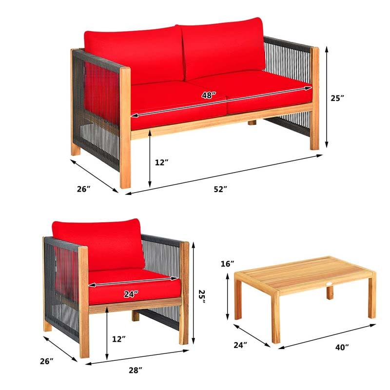 4 Pcs Acacia Wood Outdoor Loveseat Sofa Set with 2 Single Chairs & Coffee Table, Cushions