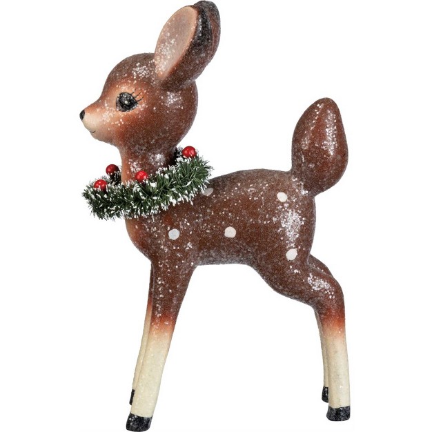 Christmas Standing Deer One Figurine 9 25 Inches Sisal Wreath Berries Glitter 104306 Polyresin Brown