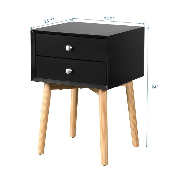 Mid-Century Side Table Nightstand with 2 Drawer， Wood Legs and Sliver Metal Knobs for Bedroom Living Room