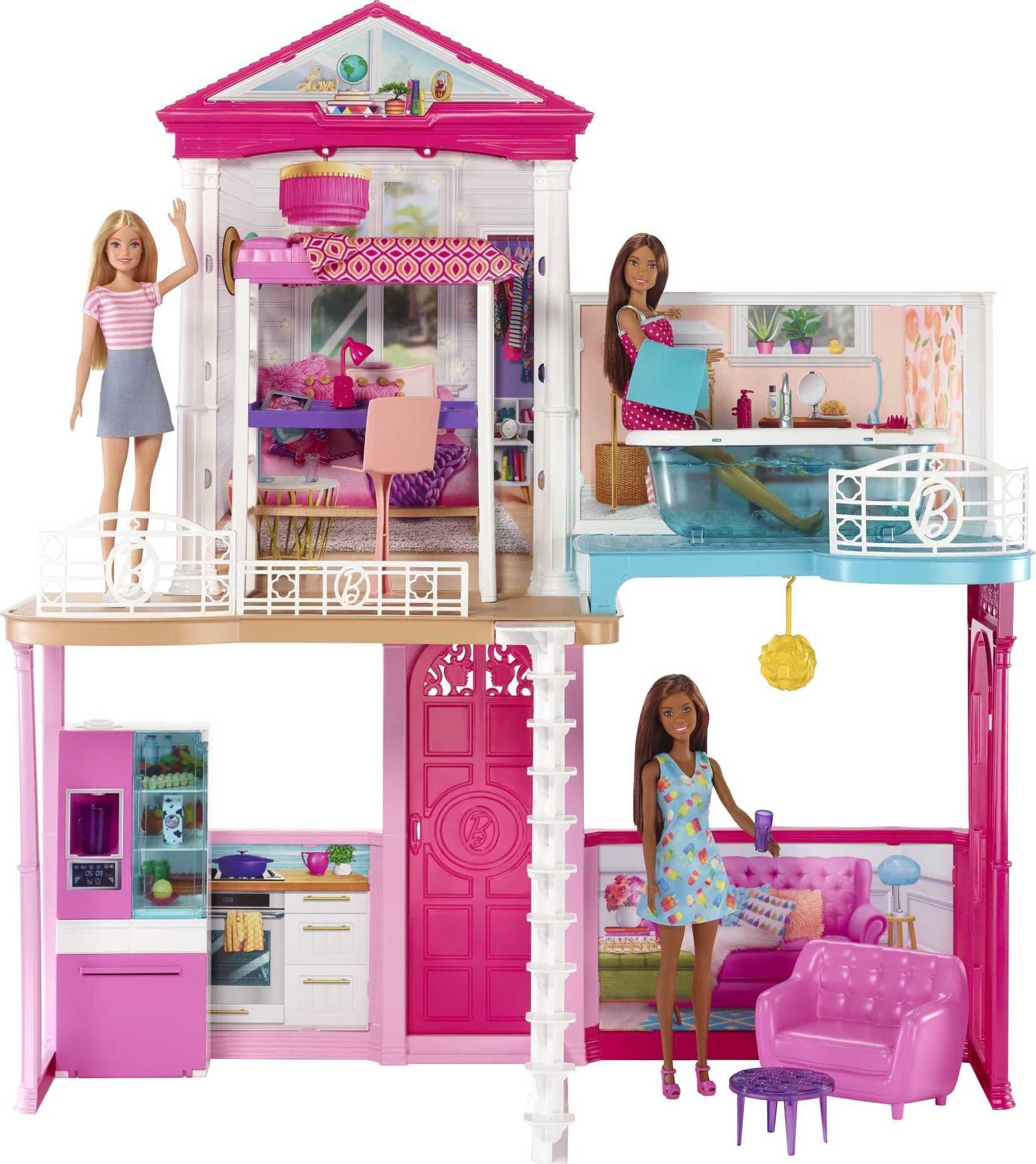 Barbie Dollhouse Set with 3 Dolls and Furniture， Pool and Accessories