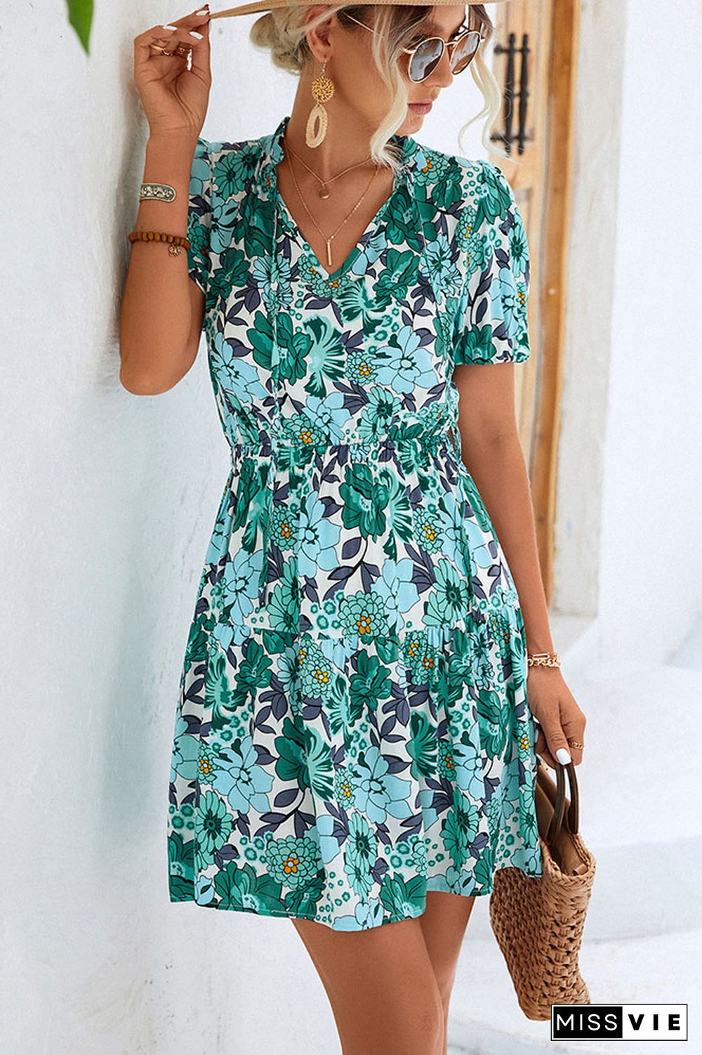 Frill Neck High Waist Floral Dress