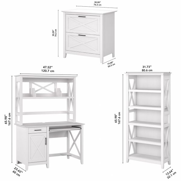 Bush Furniture Key West 48W Small Computer Desk with Hutch， Bookcase and Lateral File Cabinet in Pure White Oak