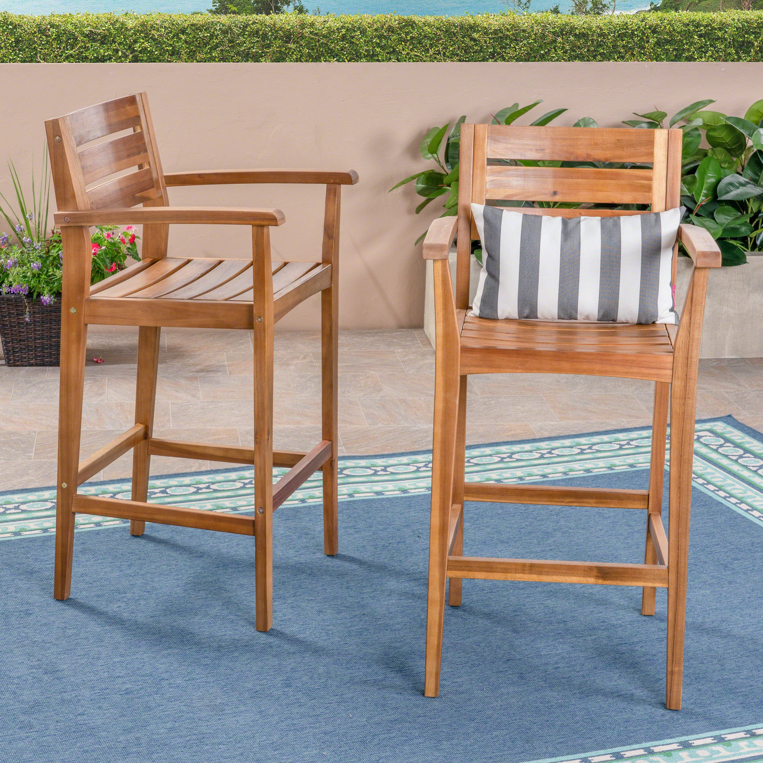 Lera Outdoor Rustic Acacia Wood Barstool (Set of 2)