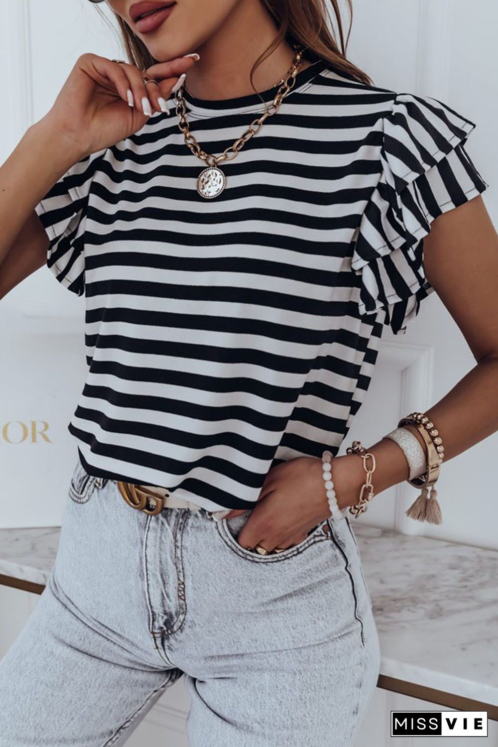 White Stripe Print Tiered Ruffled Sleeve Tee