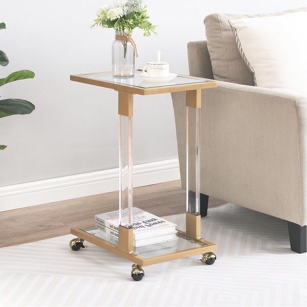 Mieres Modern Style Tempered Glass Top C Shape Side Table， Living Room Rolling End Table with Metal Frame