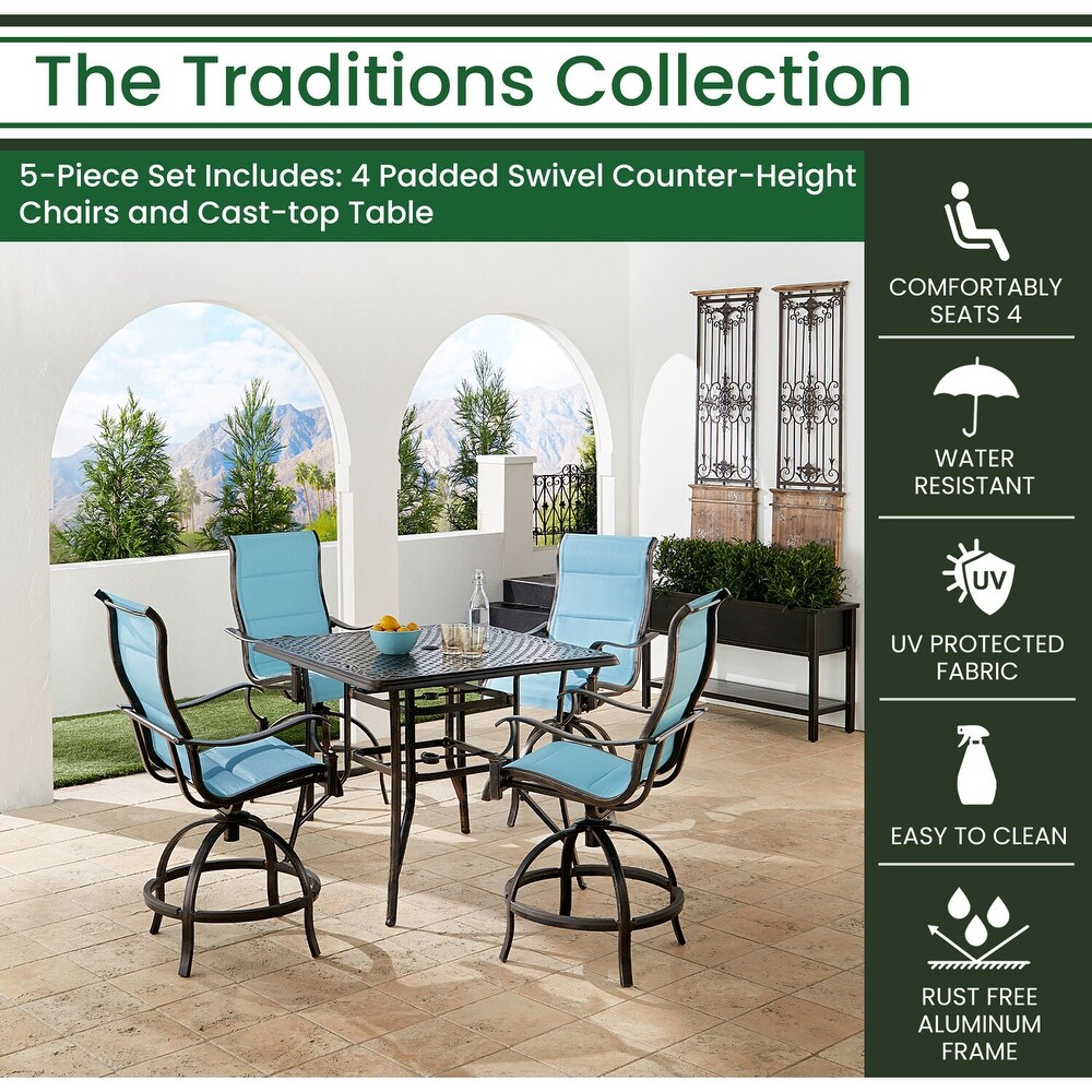 Hanover Traditions 5 Piece High Dining Set in Blue with 4 Padded Swivel Counter Height Chairs and 42 in. Cast top Table