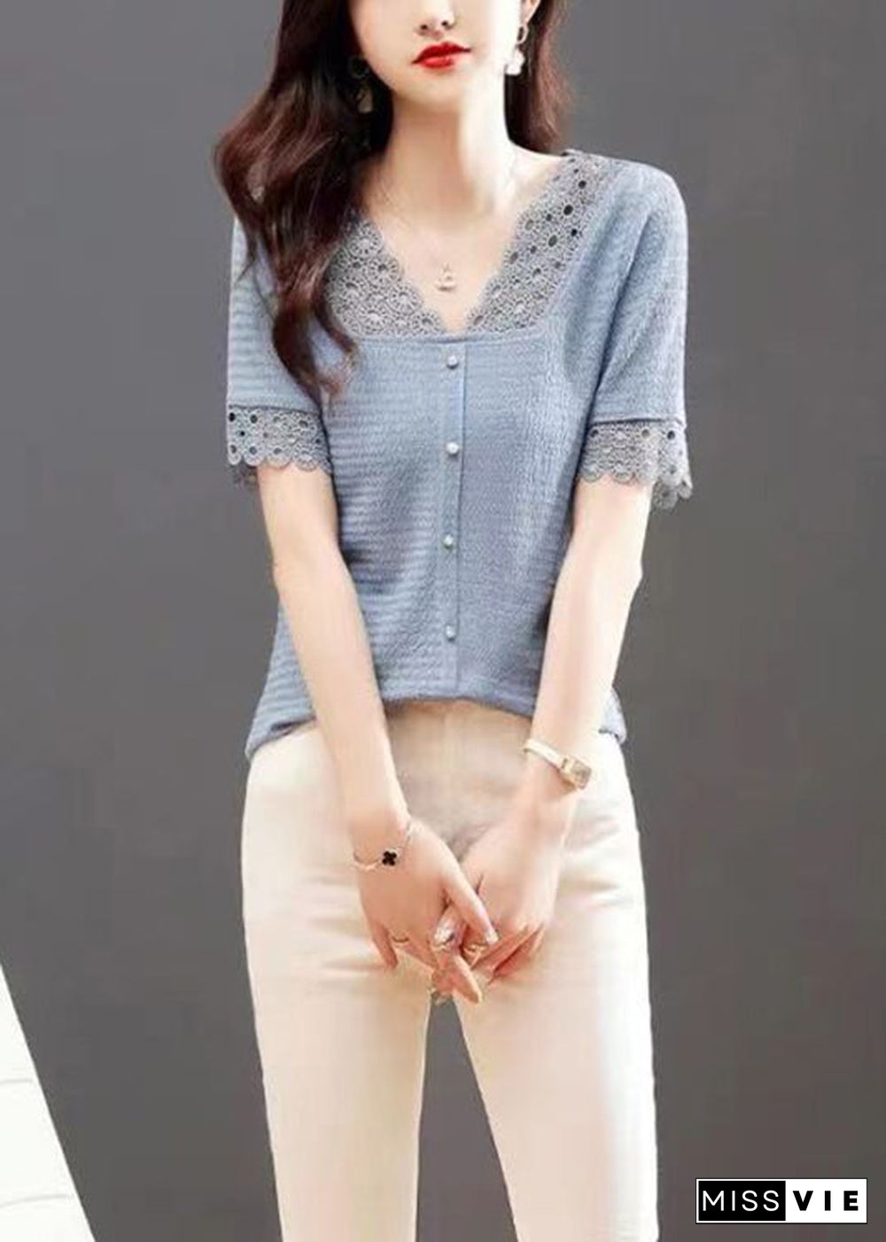 Modern Blue V Neck Hollow Out Lace Patchwork Shirt Summer