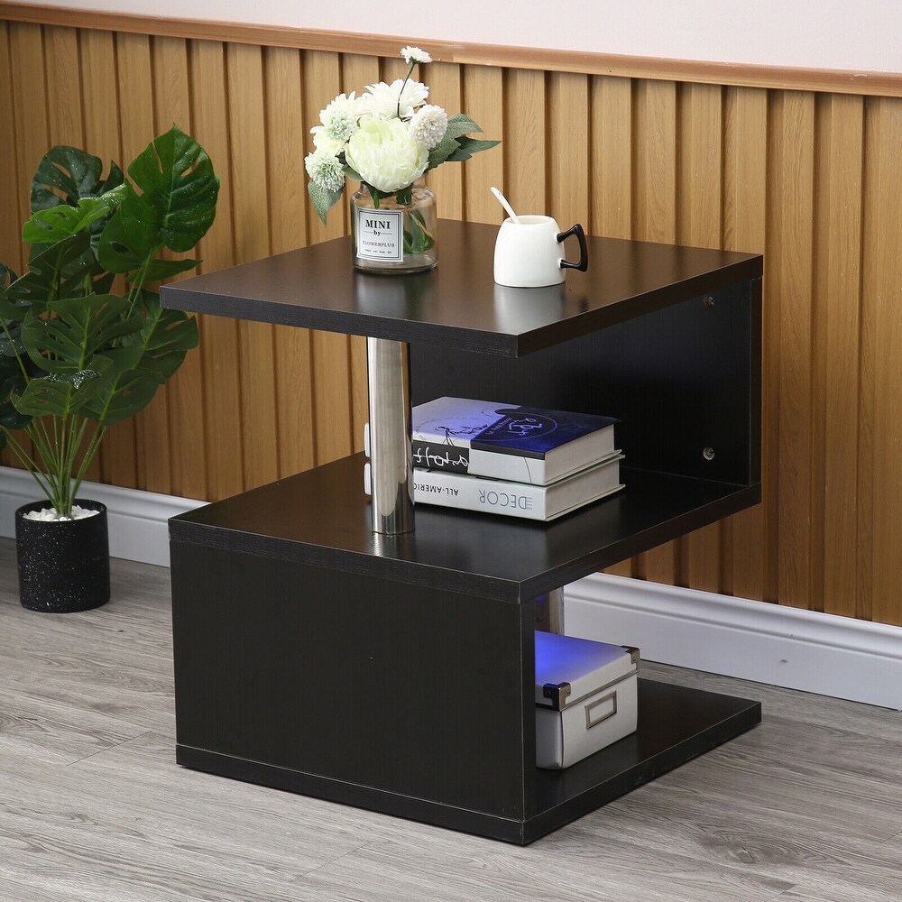 S Shaped End Table with LED Lights Nightstand Storage Shelf