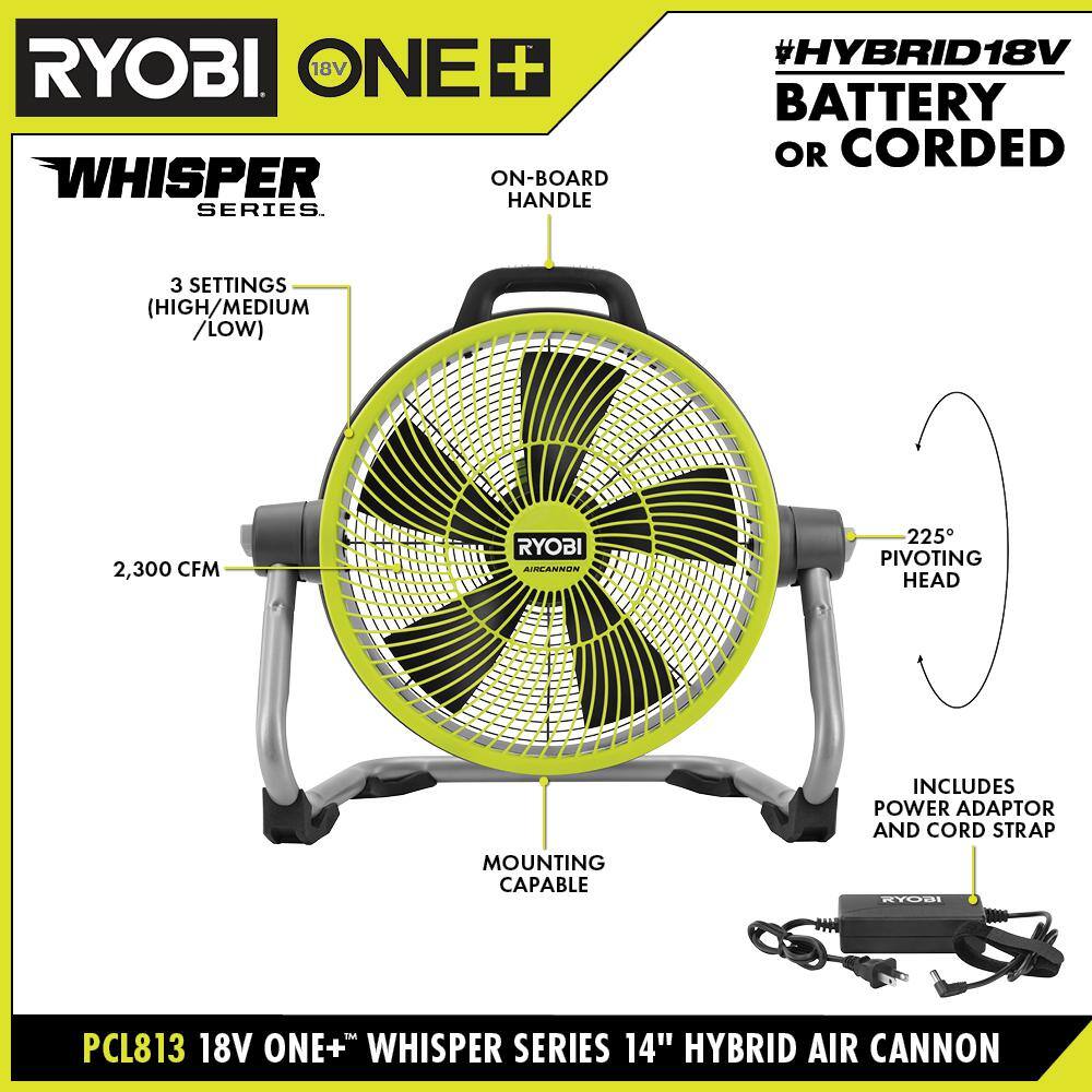 RYOBI ONE+ 18V Cordless Hybrid WHISPER SERIES 14 in. Air Cannon Fan (Tool Only) PCL813B