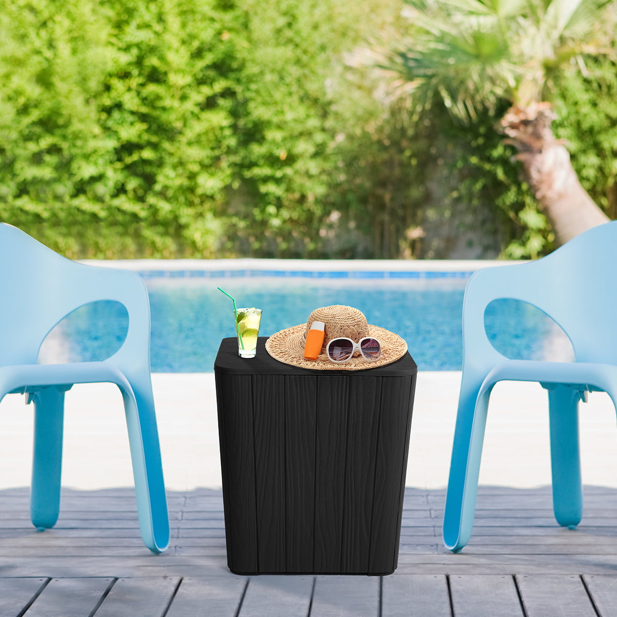 YITAHOME Black Deck Box Storage Patio Outdoor 11.5 Gallon Resin Organizer Bin Small Patio Container Transh Can Side Table