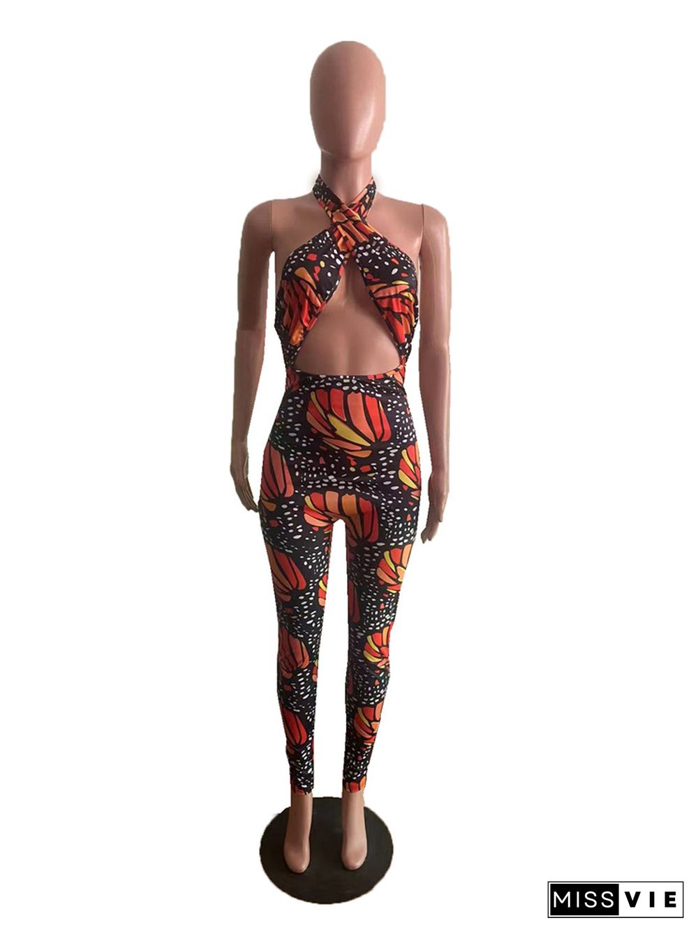 Butterfly Print Backless Halter Bodycon Jumpsuit