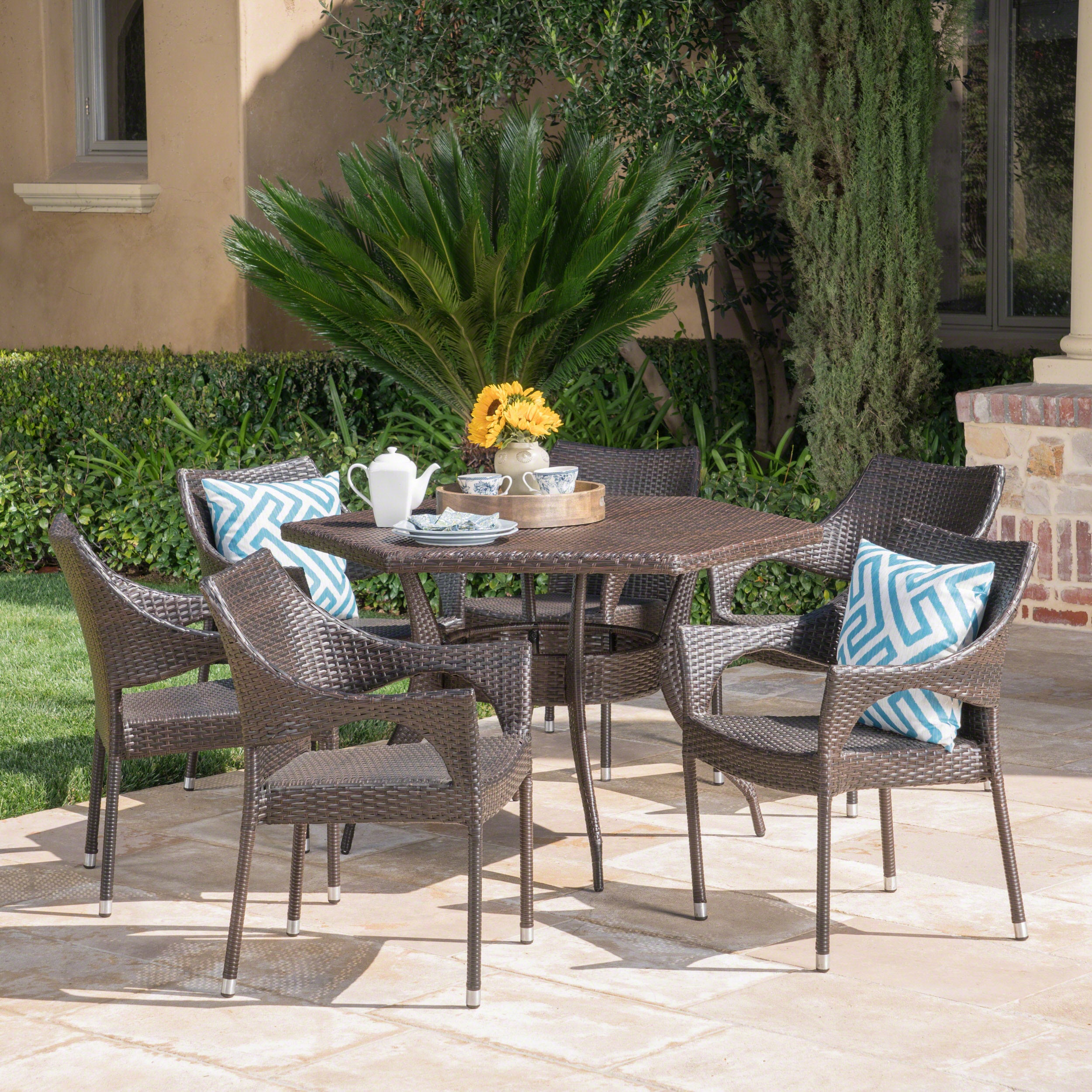 Rosy Outdoor 7 Piece Wicker Hexagon Dining Set with Stacking Chairs