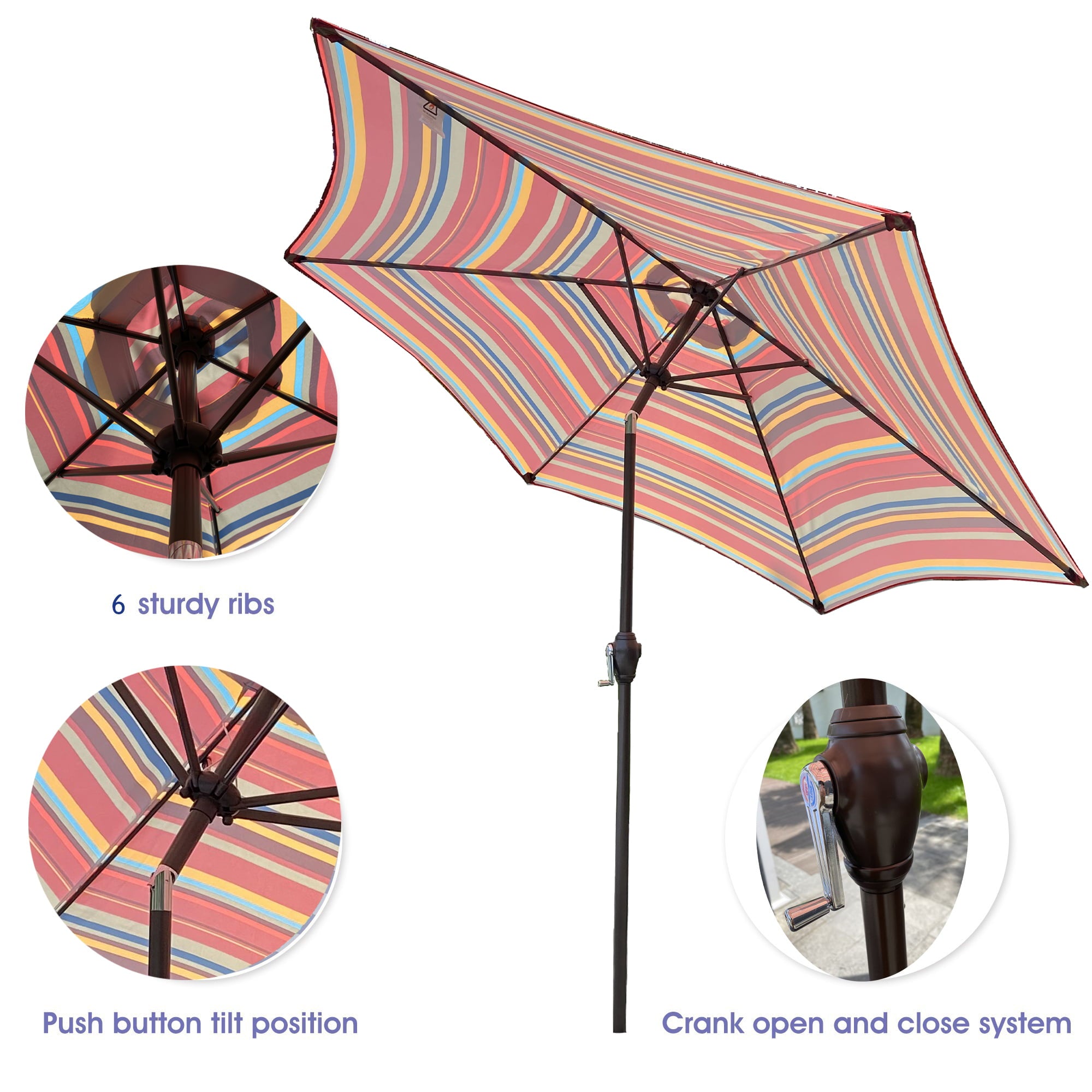 Tomshoo Outdoor Patio 8.6-Feet Market Table Umbrella with Push Button Tilt and Crank, Red Stripes[Umbrella Base is not Included]