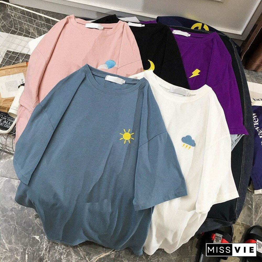 Fashion Women Embroidered T Shirts Crew Neck Short Sleeve Couple Tops Summer Casual Loose Sweatshirt Basic Tee Top Clothing