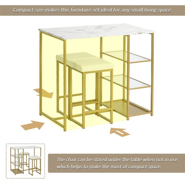 3 piece vintage bar set with natural wood countertops and 2 bar stools /3 storage shelves. (White/Gold)