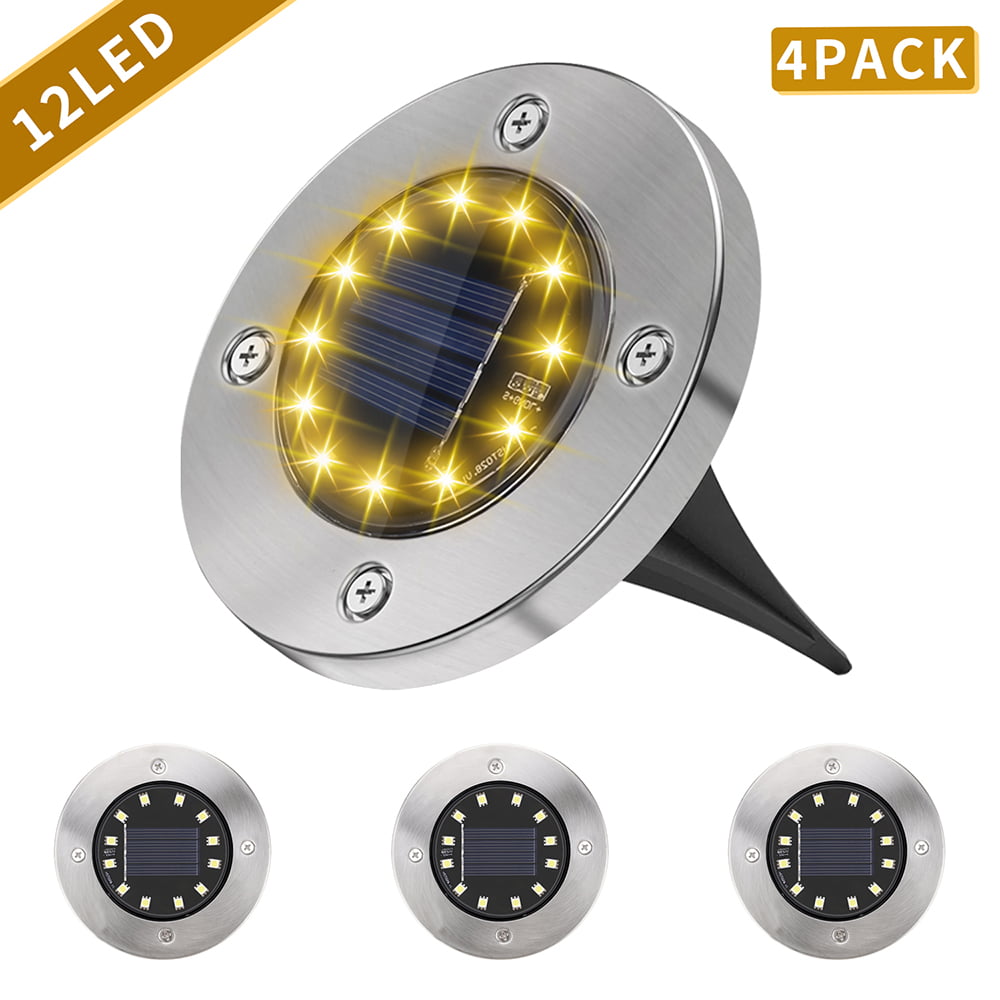 8 LED Inground Solar Light， 4 Pack Solar Ground Light， Waterproof Disk Lights， Warm White