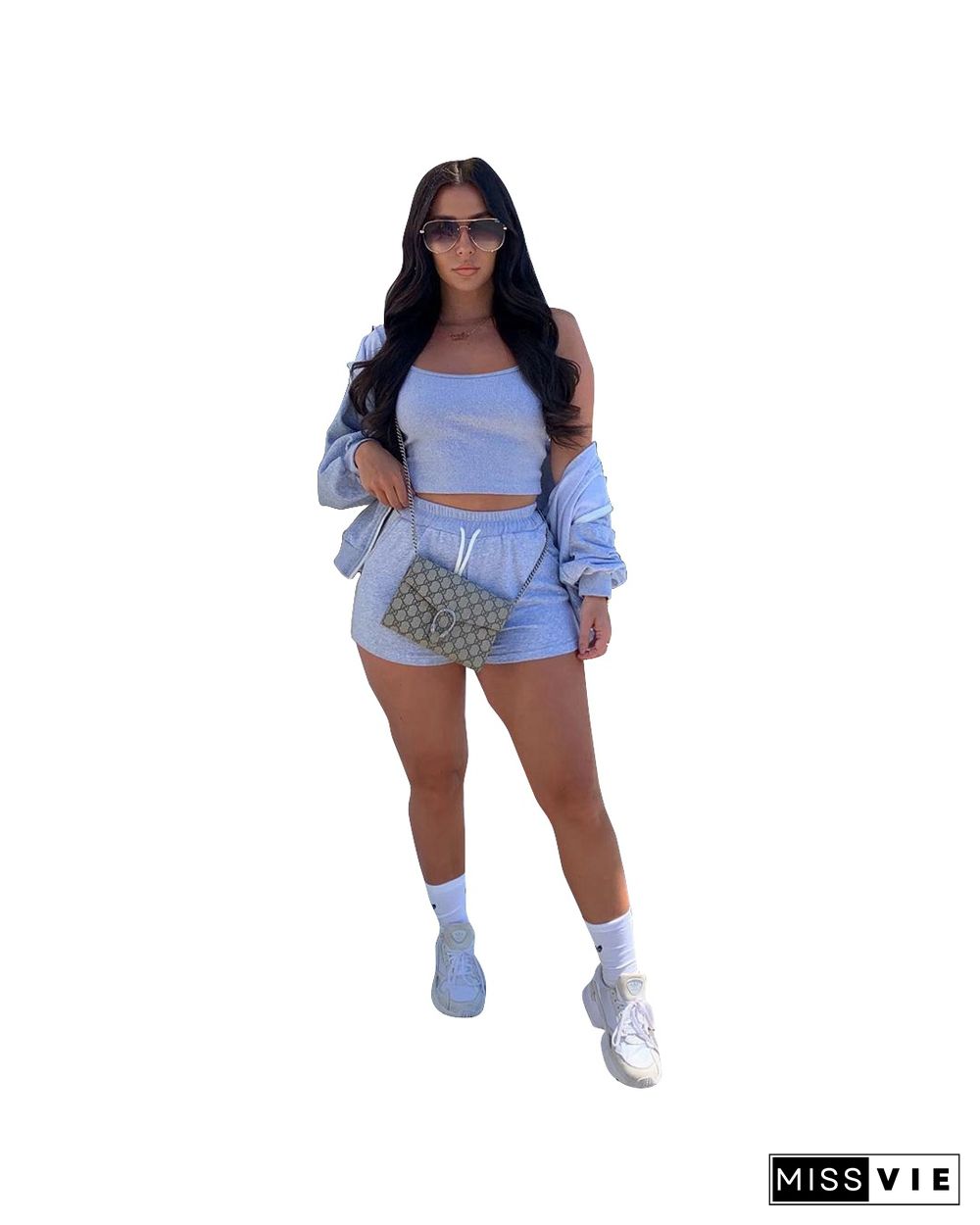 Hooded Cardigan Coat Shorts Crop Tops 3 Pcs Tracksuit