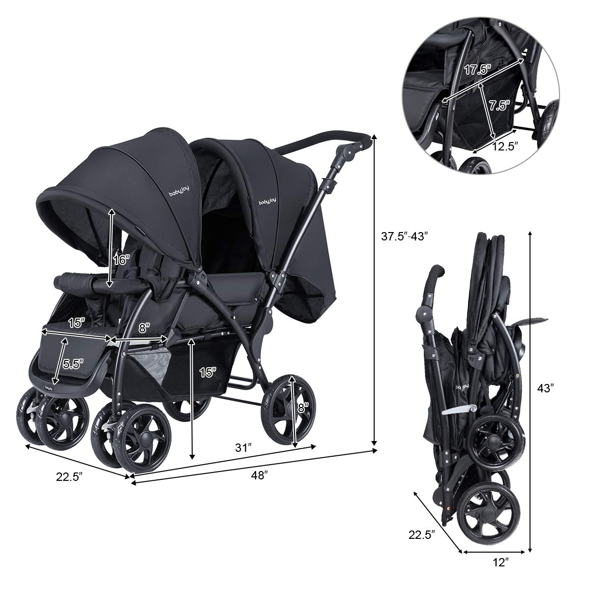 BABY JOY Double Baby Stroller, Foldable Double Seat Tandem Stroller with Adjustable Backrest