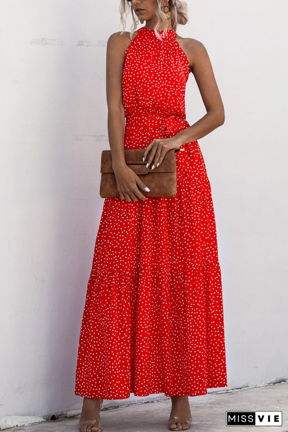 Halter Polka Dot Print Tie Waist Maxi Dress Wholesale