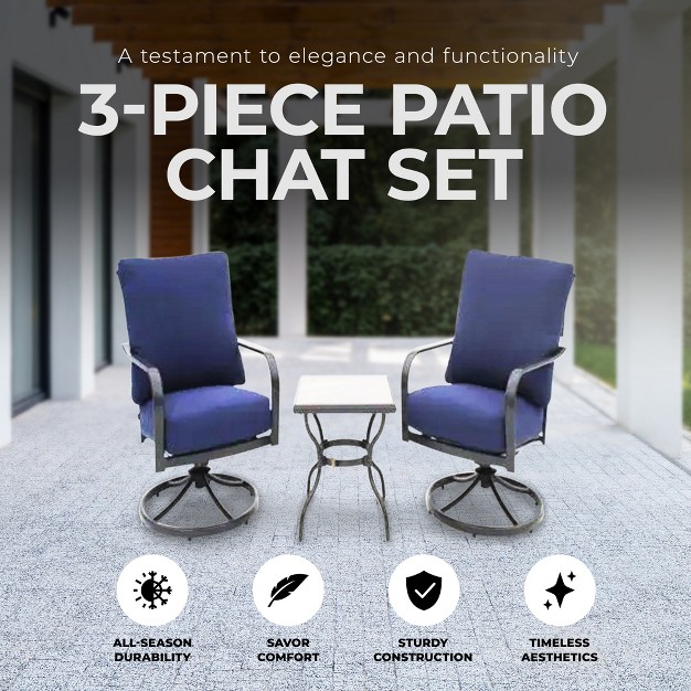 Four Seasons Courtyard Brookfield 3 Piece Deep Seating Patio Chat Set Includes 2 Swivel Rockers With Olefin Cushions And Tile Table Navy