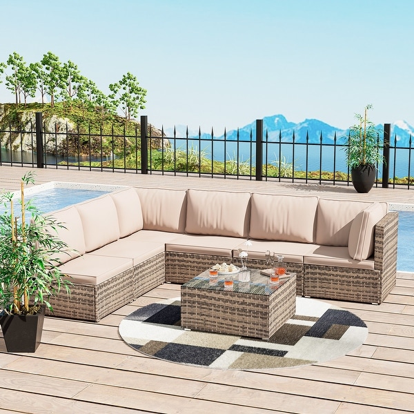 7Piece Outdoor Patio Rattan Furniture Sets with 1 Table，2 Corner Sofas，4 Armless Sofas and Cushions