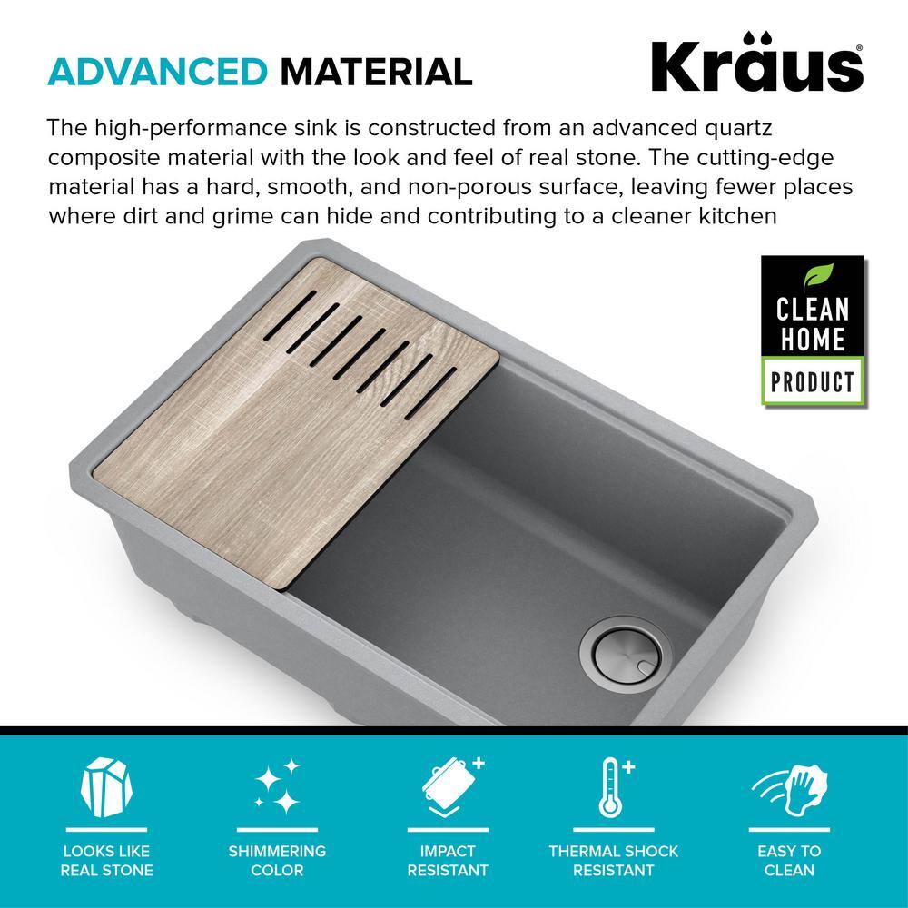 KRAUS Bellucci Gray Granite Composite 30 in. Single Bowl Undermount Workstation Kitchen Sink with Accessories KGUW2-30MGR