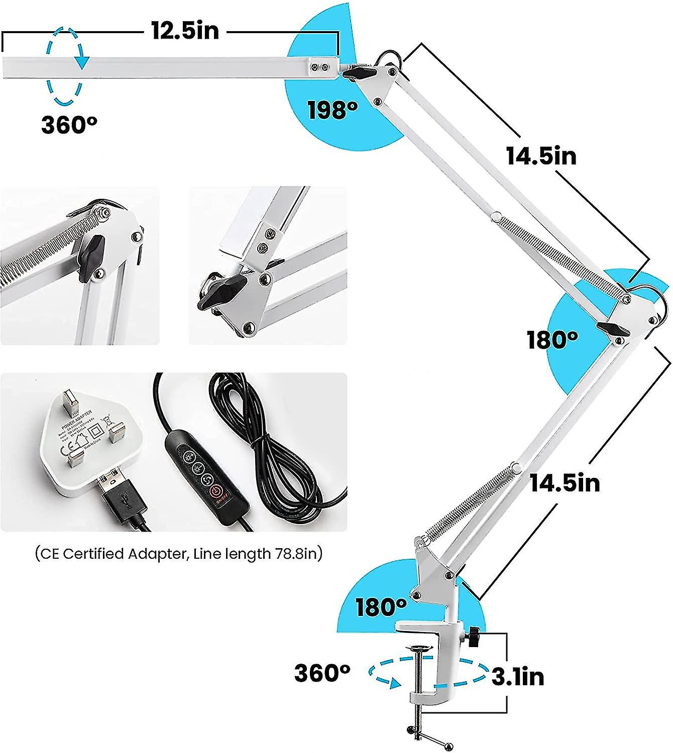 Led Desk Lamp， 14w Foldable Architect Table Lamp With Clamp， 10 Brightness Levels X 3 Color Modes， Adjustable Table Lamp