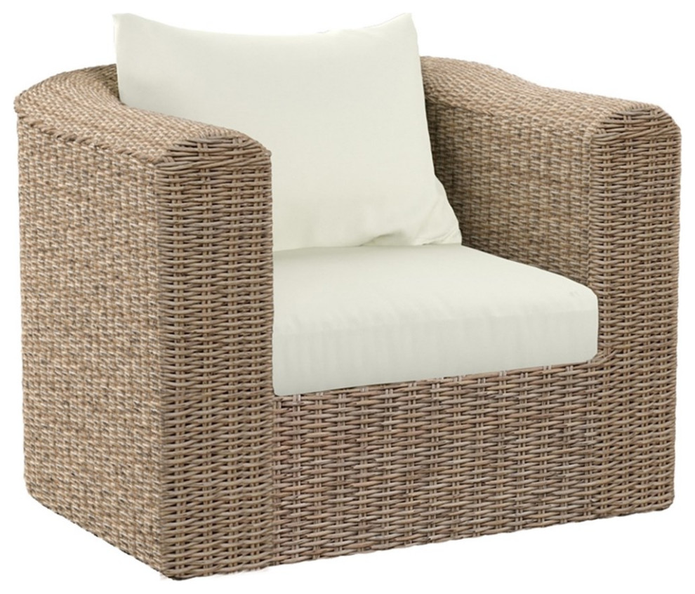 TK Classics Outdoor Patio Club Chair in Almond Wicker with White Cushion   Tropical   Outdoor Lounge Chairs   by Homesquare  Houzz