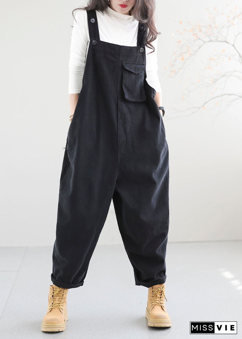 Black Pockets Patchwork Cotton Jumpsuit Button Spring