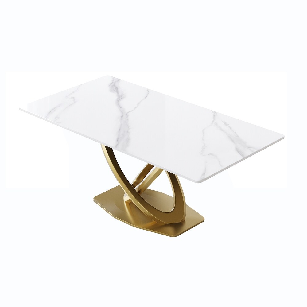 Modern Sintered Stone Dining Table Minimalist Artificial Marble Rectangular Table Top + Gold X cross Shaped Base