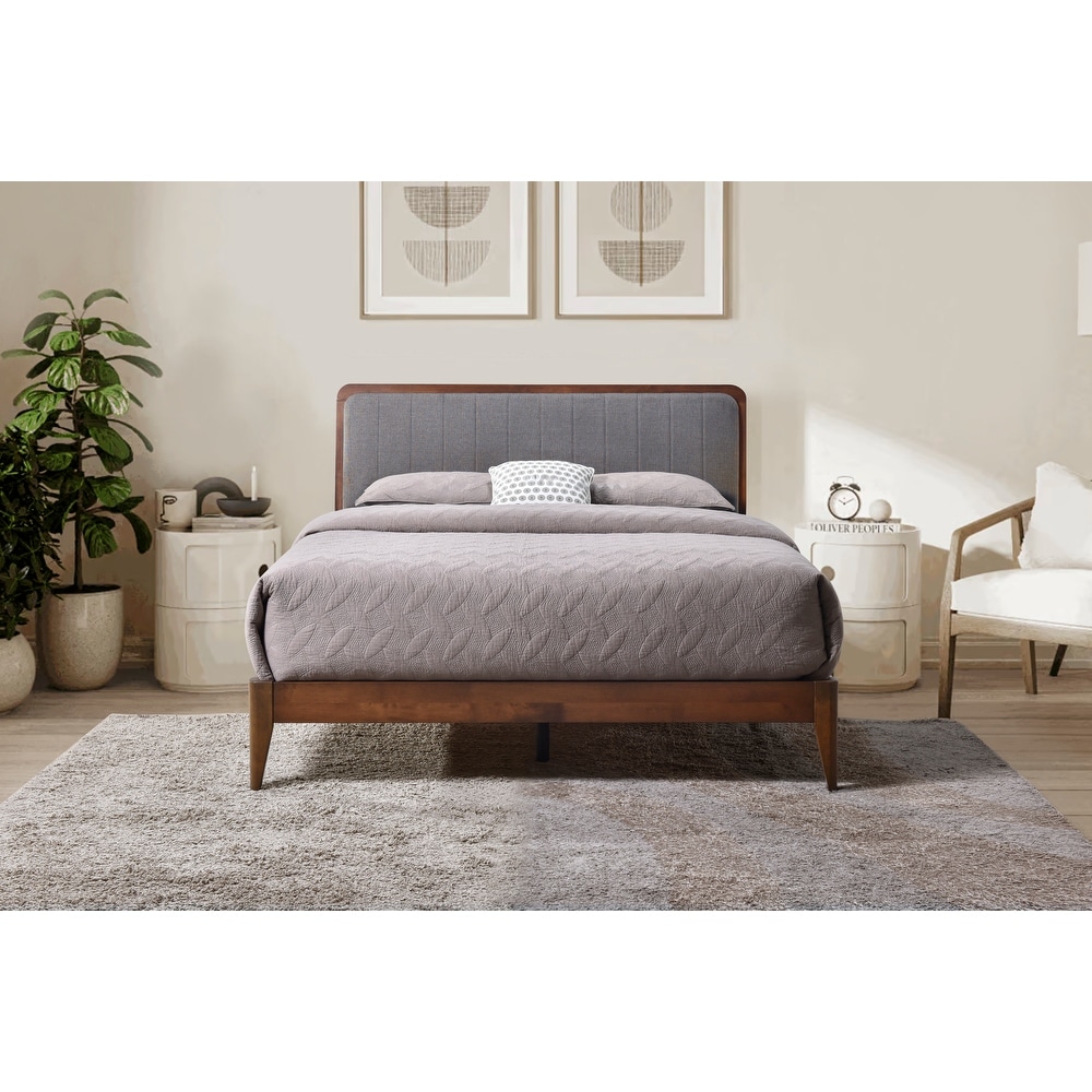 Raven Grey Upholstered Walnut Wood Queen Platform Bed Frame