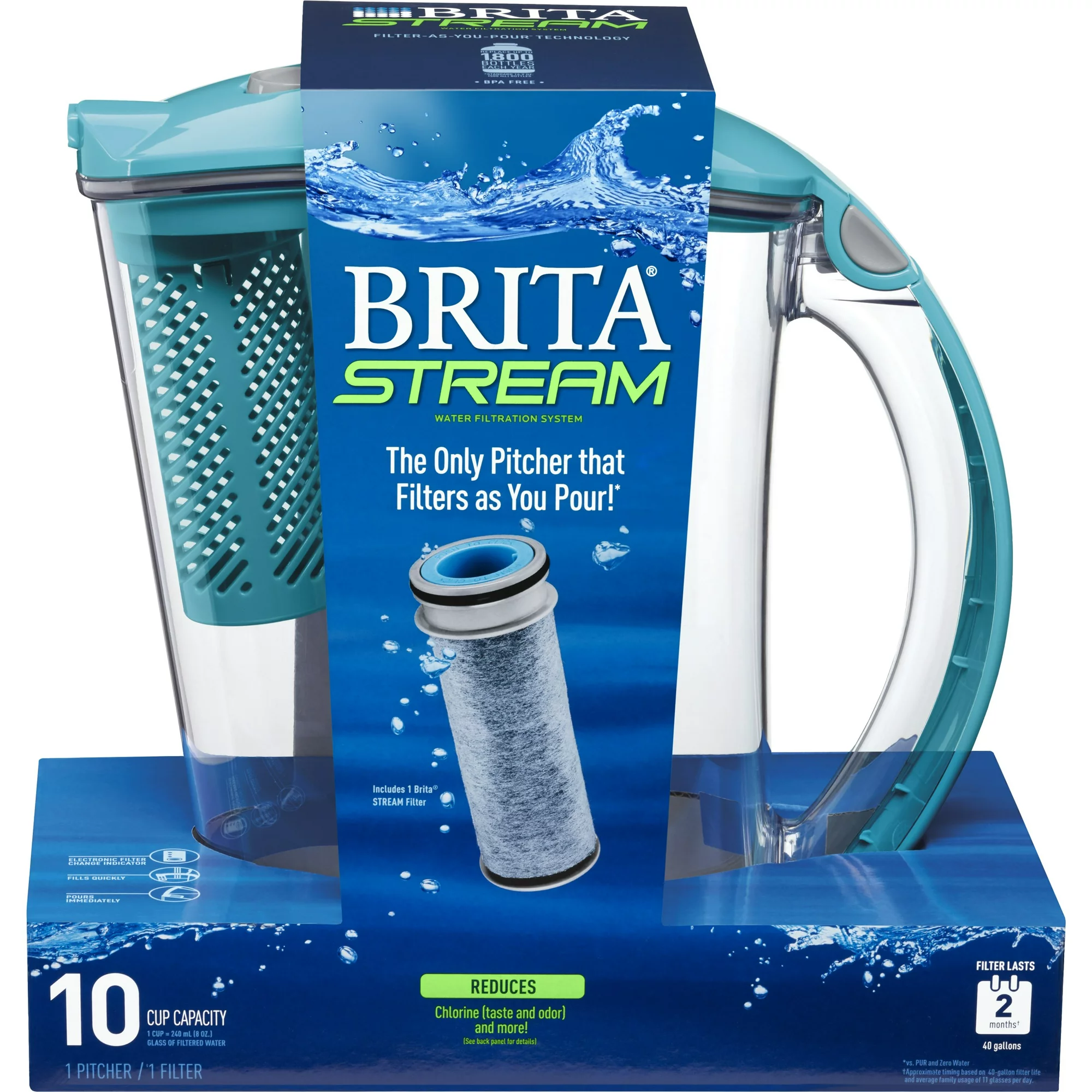 Brita Stream Filter as You Pour Water Pitcher， 10 Cup - Lake Blue