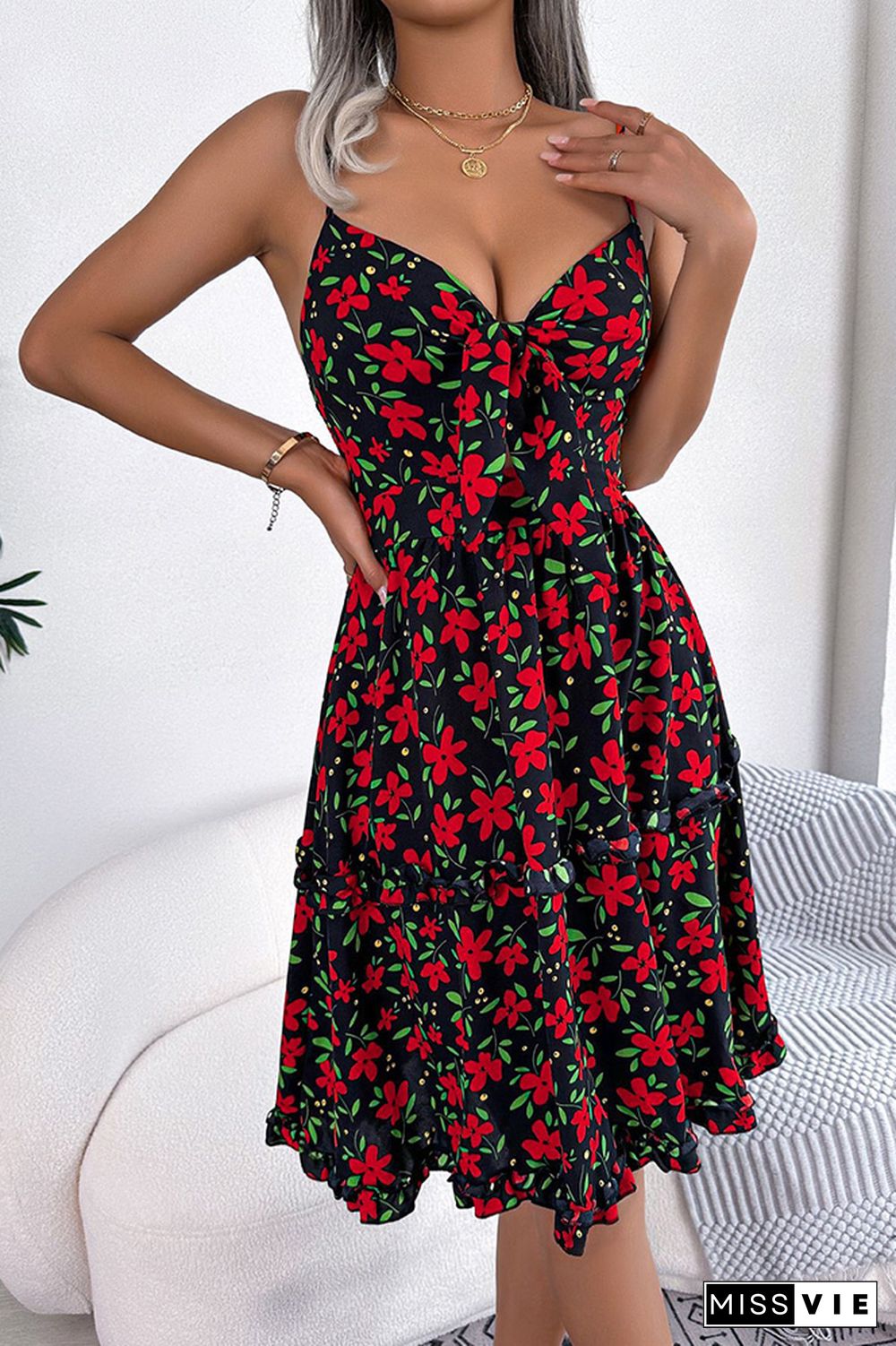 Front Bust Tie Hollow Out Cami Floral Dress