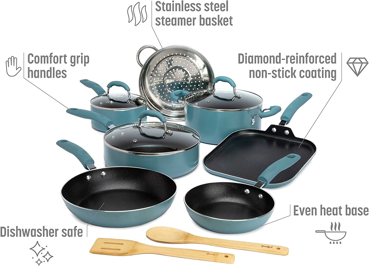 Cookware Set with Premium Non-Stick, Dishwasher Safe Pots and Pans, Tempered Glass Steam Vented Lids, Stainless Steel Steamer, and Bamboo Cooking Utensils Set, 12-Piece, Charcoal Gray