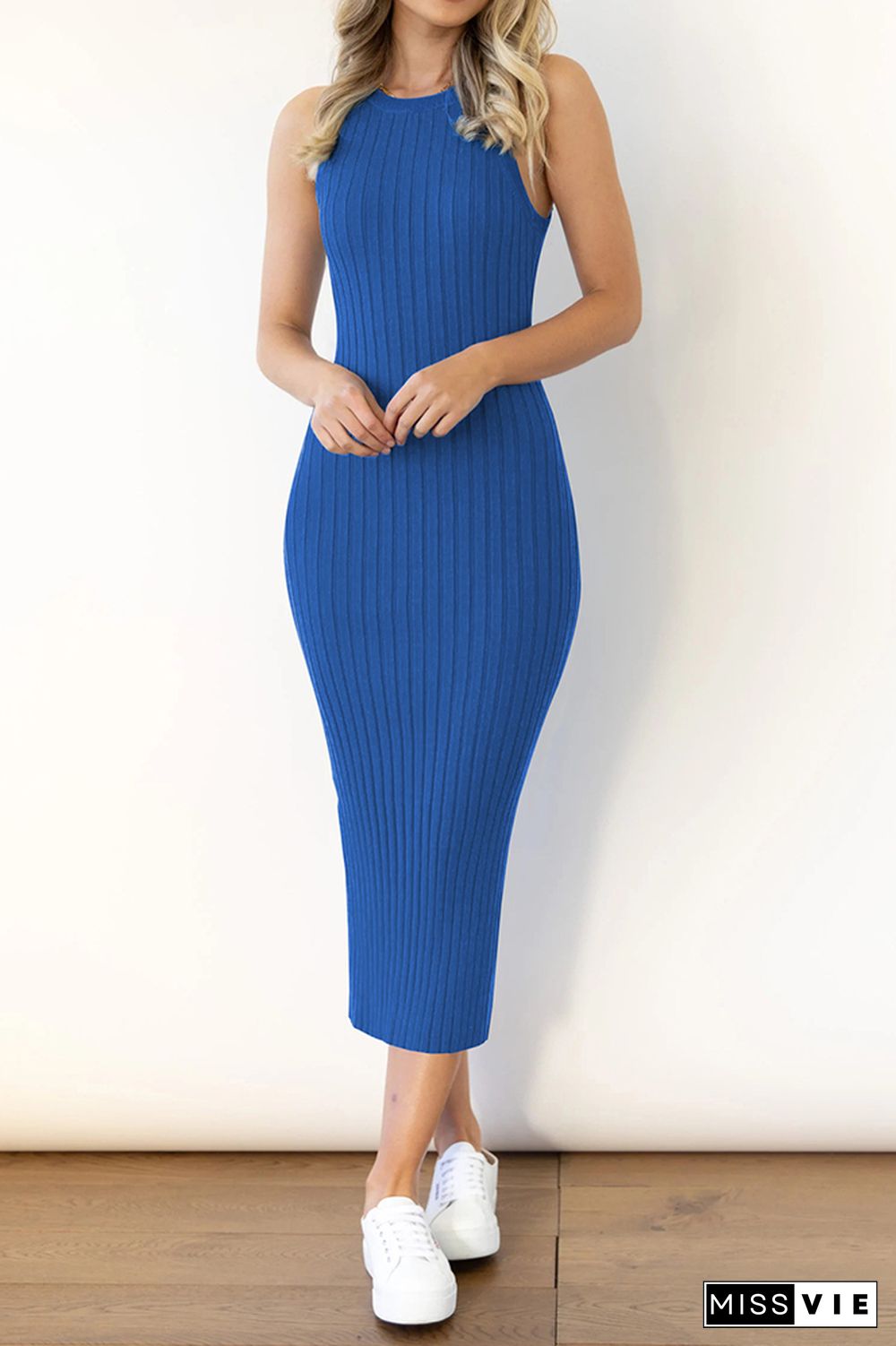 Plain Rib Knit Split Sleeveless Midi Dress