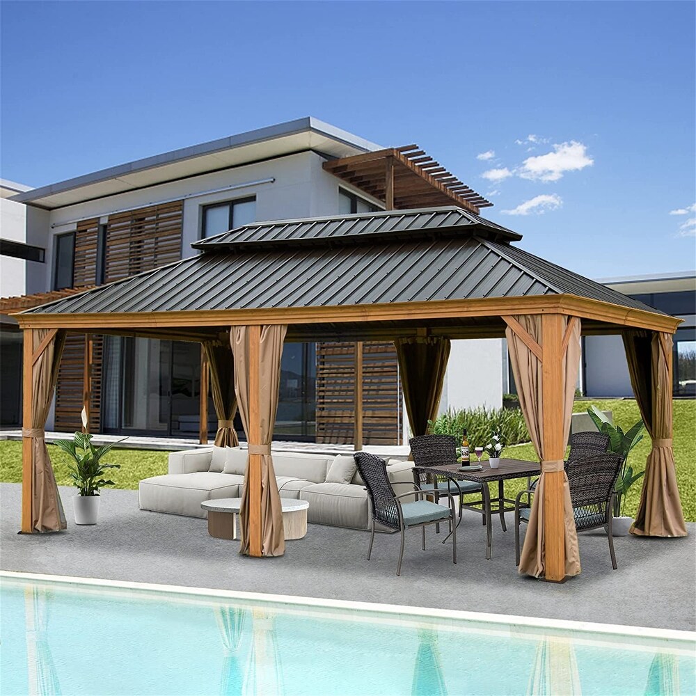 12'x18' Outdoor Gazebo with Metal Double Roof   Bug Netting  Wooden Coated Aluminum Frame Canopy for Patio Yellow Brown