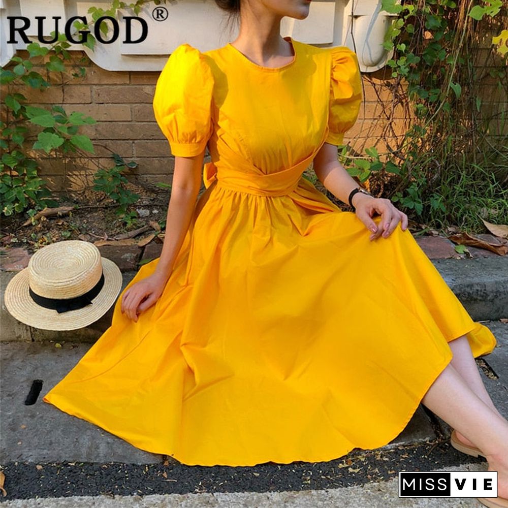 Rugod Elegant Lace-Up Belted Dress Women Fashion O-Neck Puff Sleeve Big Hem Beach Dress Fresh Color Summer Party Dress Vestidos