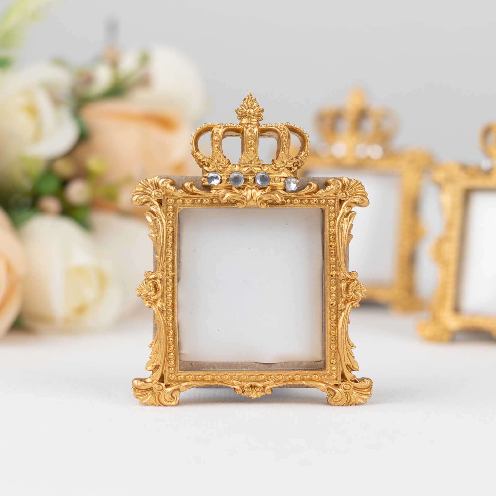 4 Pack Gold Resin Royal Crown Square Party Favors Picture Frame, Baroque Wedding Place Card Holders - 3.5